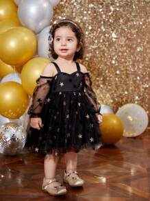 SHEIN Babygirl 圣诞优雅连衣裙，黑色网眼星星装饰无袖和长袖连衣裙，适合派对、聚会、生日 - 黑色 - 查看 8