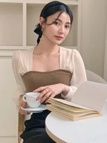 DAZY Damen Kaffee- und Brauntöne Farbblock Bluse mit langen Laternenärmeln, Frühling/Sommer/Herbst Langarm-Oberteil - Kaffeebraun - Übersicht 4