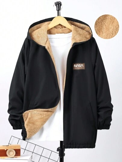 SHEIN 1pc Teen Boys Casual Solid Color Fleece Hooded Jacket With  Print, Comfortable And Suitable For Autumn/Winter Outdoor Activities