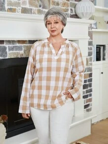 EMERY ROSE 大码女士冬季服装 V 领长袖格子休闲衬衫，日常穿着