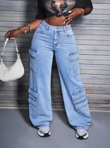 SHEIN Slayr Pantalones vaqueros de carga rectos con ajuste relajado y lavado para mujer - Azul - Ver 1