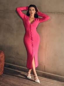 Zolique 新款玫红色女士开衫针织连衣裙，拼色菱格纹 V 领翻领长款针织连衣裙，适合秋冬季 - 玫紅色 - 查看 1