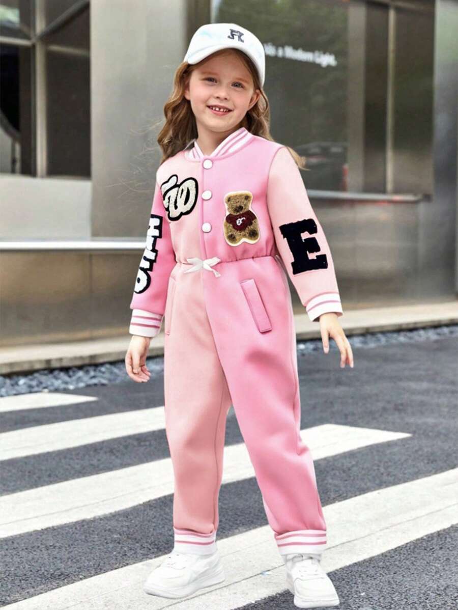 SHEIN 年轻女孩卡通刺绣羊毛半开领拼接连帽长款连体裤，时尚运动休闲装，适合外出，春秋季 - 粉色 - 查看 1