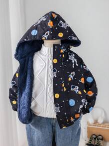 1 pieza Chaqueta con capucha acolchada, cálida y gruesa con forro de felpa, de estilo colegial cómodo y de moda simple y práctica, con estampado completo, para niños pequeños, adecuada para el uso diario, la escuela, los viajes, los deportes en otoño e invierno