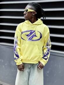 Manfinity VCAY Áo nỉ có mũ rộng rãi in họa tiết đồ họa thường ngày dành cho nam mặc hàng ngày vào mùa thu, mùa đông - Màu vàng - Xem 5