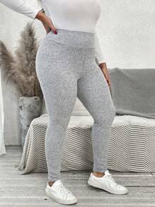 SHEIN VCAY 秋季大码弹力纯色紧身打底裤 - 灰色 - 查看 4