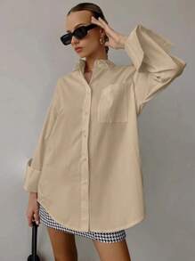 QIANZHIDU Elva Women's Slogan Print Long Sleeve Single-Breasted Casual Loose Shirt, Women's Solid Color Loose Long Sleeve Business Interview Commute Casual Minimalist Shirt, Back To School Graduation Season Office Spring Summer Autumn Clothing, Valentine's Day, New Year Outfit - Khaki - View 6