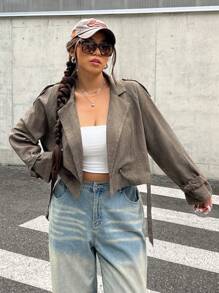 SHEIN EZwear Plus Size Women Turndown Collar Long Sleeve Cropped Plaid Trench Coat, Autumn