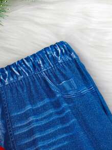 SHEIN 2pcs Young Girl Winter New Fluffy Crew Neck Sweatshirt & Flared Printed Jeans Effect Pants Christmas Holiday Casual Outfit Set