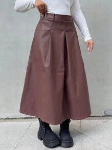 Flirla Plus Size Brown PU Skirt With Waist Cinching, Casual And Stylish, Autumn/Winter - Brown - View 3