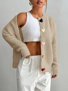 Flirla Women Casual Colorful Heart Buttons Front Cardigan, Suitable For Autumn And Winter Fall Cloth For Women - Apricot - View 5