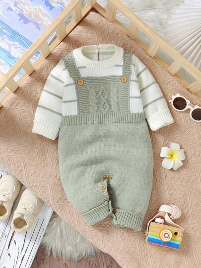 SHEIN Pelele de punto casual de manga larga con cuello redondo a rayas para niña bebé, para otoño/invierno