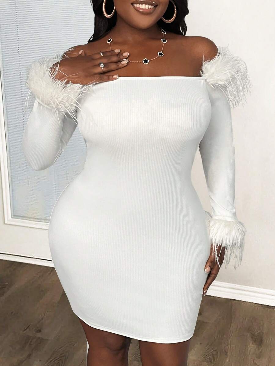 Slaydiva Váy midi dệt kim hở vai cao cấp thanh lịch cỡ lớn cho nữ (xù), Thu/Đông - trắng - Xem 1