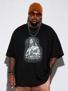 Manfinity VCAY Plus Size Men Loose Round Neck Short Sleeve Madonna Letter Graphic T-Shirt, Urban Street Wear - Black - View 1