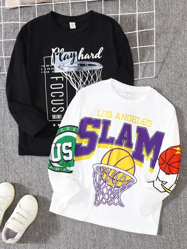 Set de 2 camisetas de manga larga con cuello redondo y gráfico de baloncesto para niños preadolescentes, adecuadas para otoño y primavera, idóneas para juego al aire libre, escuela, estilo callejero, fiestas y uso casual, gran relación calidad-precio
