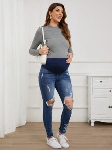 SHEIN Maternity Casual Daily Distressed Skinny Jeans, Spring/Autumn