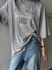 DAZY 女士宽松圆领短袖字母印花 T 恤 - 灰色 - 查看 2