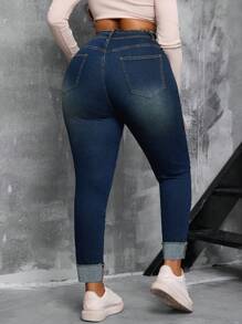SHEIN SXY Jeggings elásticos de mezclilla con diseño desgastado y cintura alta para mujer de talla grande