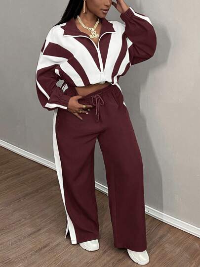 Slaydiva Plus Size 2pcs Set: Casual Hoodie Jacket & Sports Pants, Red & White Color Block, Suitable For Autumn/Winter