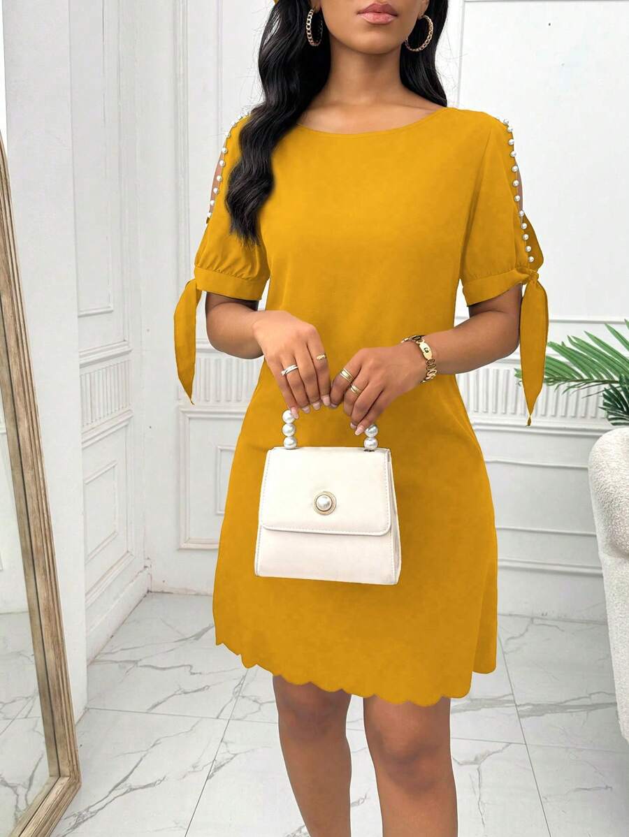 Lyxana 女士圆领短袖直筒串珠连衣裙 - 黃色 - 查看 1