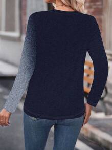 INAWLY 春秋季女士休闲圆领长袖T恤，带蒲公英渐变印花图案，女士春季上衣 - 藏蓝色 - 查看 2