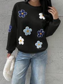 SHEIN Essnce 女士休闲时尚宽松花朵徽章圆领超大落肩彩色花朵运动衫花卉贴花保暖衬里运动衫秋季女装秋季运动衫女士运动衫 - 黑色 - 查看 3