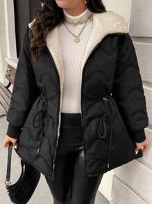 SHEIN Frenchy Plus Size Women Wavy Pattern Cinched Waist Adjustable Hood Padded Padded Coat For Autumn/Winter - Black - View 1