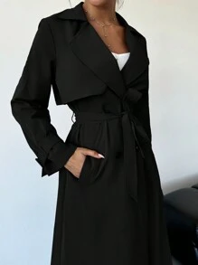 Firerie Elegant Waist Cinched A-Line Long Sleeve Trench Coat, Autumn/Winter - Black - View 2