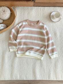 SHEIN Young Boys Striped Print Crew Neck Casual Long Sleeve Sweater - Pink - View 1