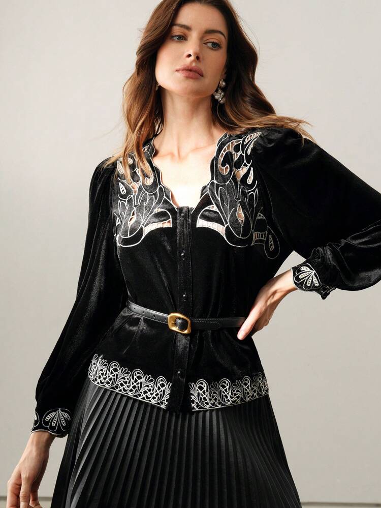 Autumn V-Neck Lantern Sleeve Velvet Hollow Embroidery Belt Elegant Blouse