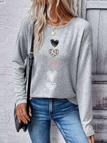EMERY ROSE Damen lässiges Langarm-T-Shirt mit Herz-Muster, Grafik-Oberteile für Damen mit Herzmotiv für Frühlingslook