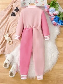 SHEIN 年轻女孩卡通刺绣羊毛半开领拼接连帽长款连体裤，时尚运动休闲装，适合外出，春秋季 - 粉色 - 查看 2