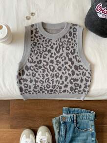 SHEIN EZwear Gilet en tricot imprimé léopard grande taille pour femmes, décontracté pour l'automne/hiver - Gris - Voir 5