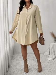 SHEIN Frenchy Plus Size Women Casual Shirt Dress With Pleated Ruffle Hem, For Autumn - Apricot - View 5