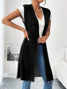 Chiquease 女式无袖前开长款开衫，纯色，休闲，秋季 - 黑色 - 查看 4