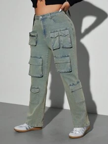 SHEIN ICON Quần Jeans Denim Nhiều Túi Phong Cách Cổ Điển Cho Nữ Cỡ Lớn - Rửa trung bình - Xem 5
