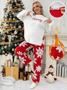 SHEIN Maternity Slit Hem Ribbed Long Sleeve Tee And Pants Set, Christmas Outfit, 2 Pieces Set - Red and White - View 1