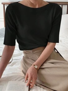 Wynsel Women Solid Color Fitted Elegant Knit Sweater Top - Black - View 5