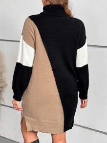 SHEIN LUNE Plus Size Women's Elegant High Neck Color Block Loose Black Pullover Sweater Dress Autumn Warm Casual Holiday Outfits