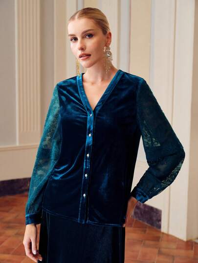 ZEYLAH VELVET V-NECK LACE SLEEVE BLOUSE