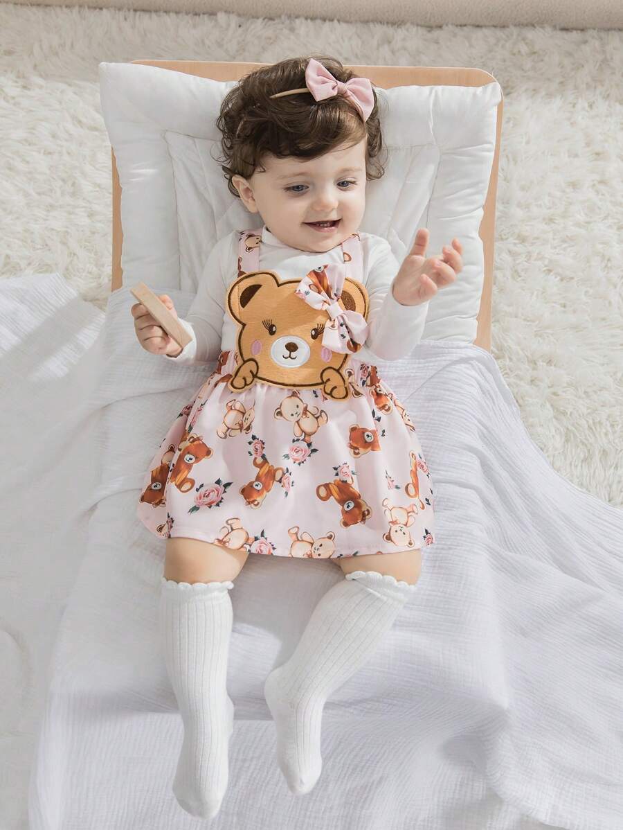 SHEIN Conjunto de 2 piezas de vestido de peto con parche de oso y top de manga larga sólido para niña bebé, primavera otoño - Rosa - Ver 1