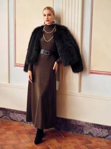 ZEYLAH SOLID TURTLENECK FLARE HEM SWEATER DRESS WITHOUT BELT - Coffee Brown - View 9