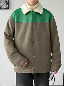 Manfinity Hypemode Men's Casual Color Block Fluffy Collar Jacket, Autumn/Winter