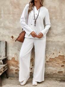 Rusticease 2 pièces Ensemble Top à manches longues et pantalon large décontracté ample, couleur unie, style automnal pour femmes - Blanc - Voir 4