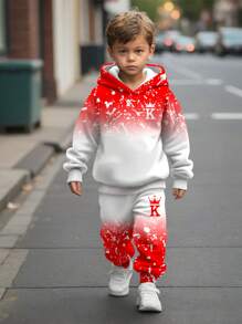 SHEIN Leap Crew 2 件装年轻男孩休闲宽松保暖内衬连帽长袖运动衫套装，适合秋冬季，圣诞节 - 彩色 - 查看 1