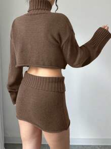 SHEIN Unity 2pcs/Set Women Solid Color Turtleneck Long Sleeve Top & Skirt, Casual Outfit Fall Cloth For Women - Coffee Brown - View 2