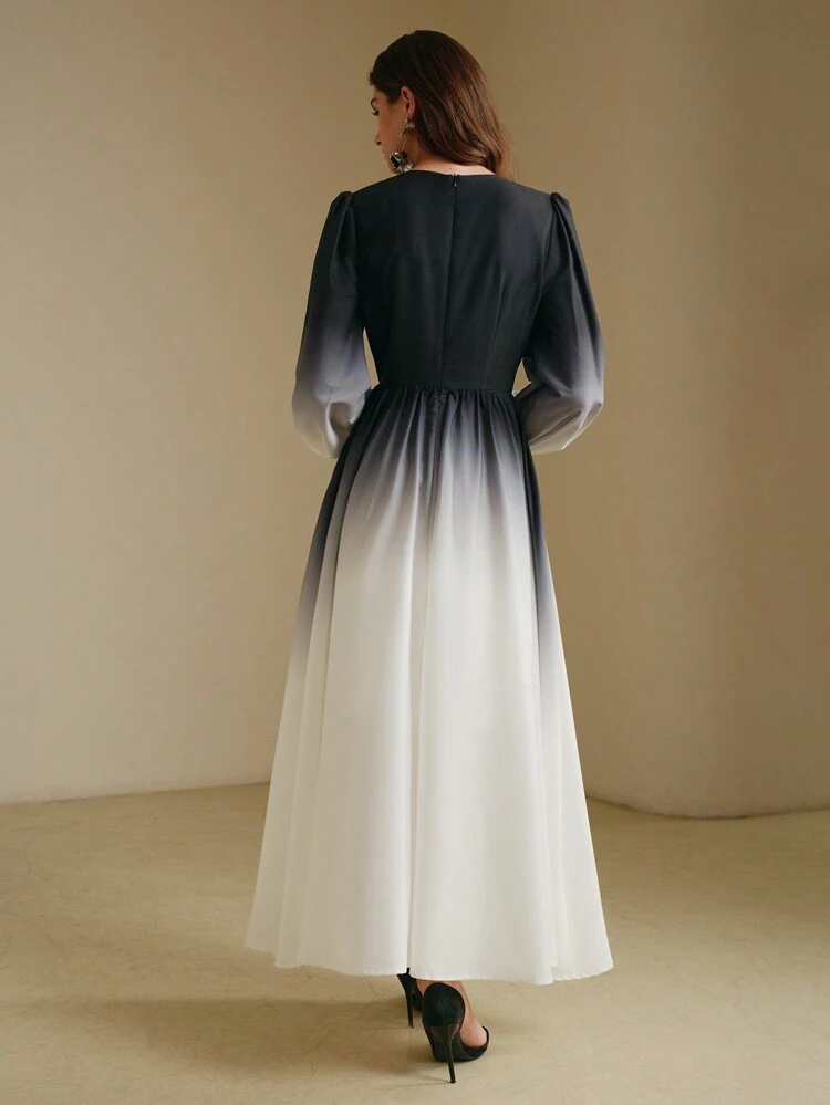 Women Elegant Gradient Lantern Sleeve Flare Hem Dress