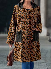 SHEIN LUNE Plus Size Leopard Print Hooded With Pockets Casual Long Sleeve Coat