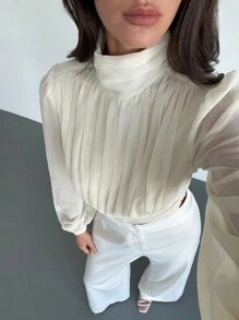 Aloruh 女士杏色立领长款泡泡袖收褶短衬衫，适合秋季约会 - 杏色 - 查看 7