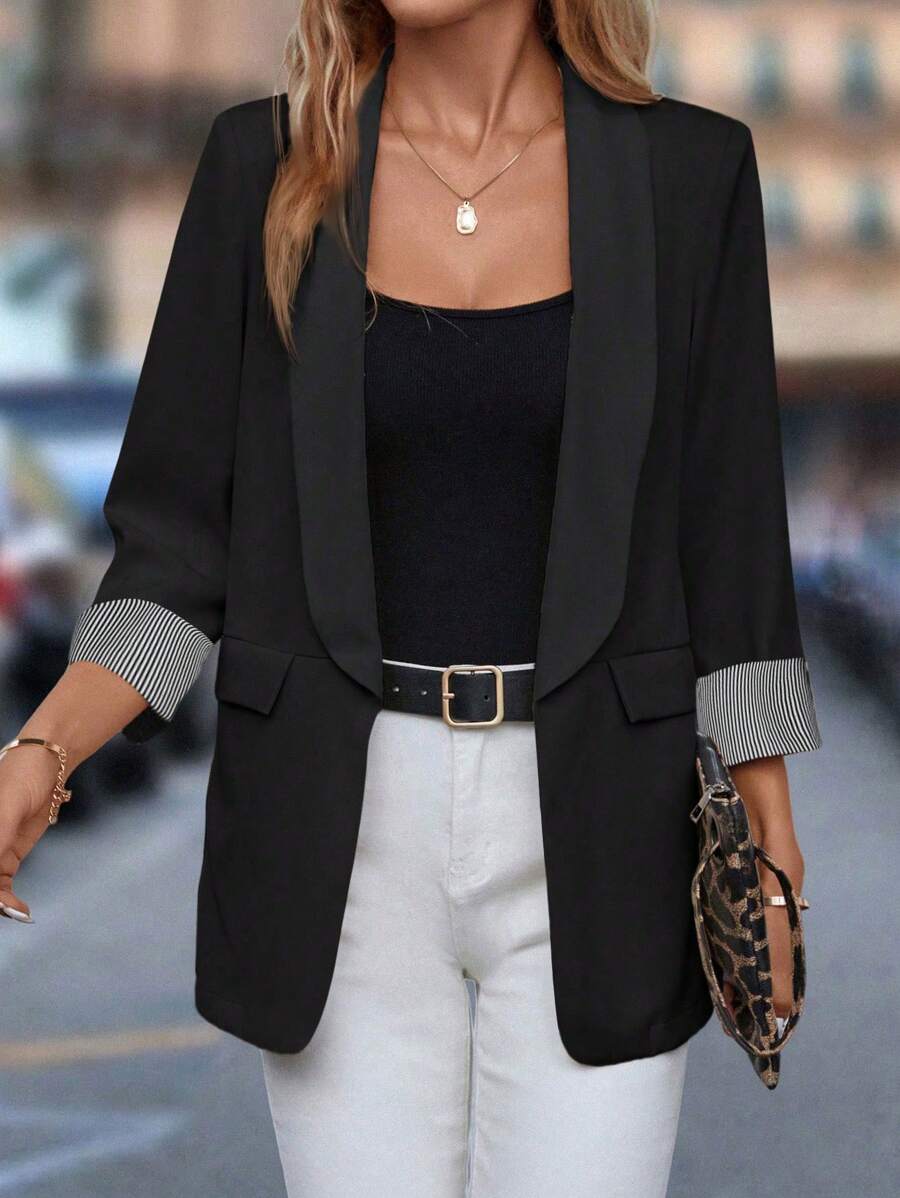 SHEIN Clasi 大码女式条纹拼接翻领休闲西装外套,秋季 - 黑色 - 查看 1